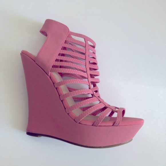 BAMBOO Shoes - New Caged Pink Glam Bamboo Wedge